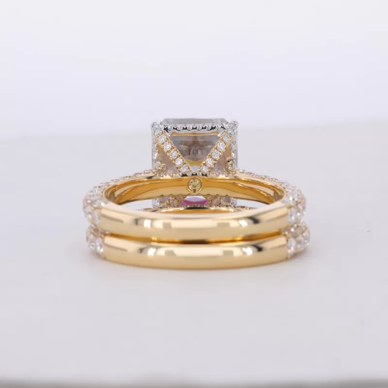 10×12mm Octagon Emerald Cut Moissanite 18K Yellow Gold Pave Engagement Ring Set