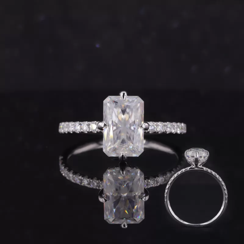 6×9mm Radiant Cut Moissanite 10K White Gold Pave Engagement Ring