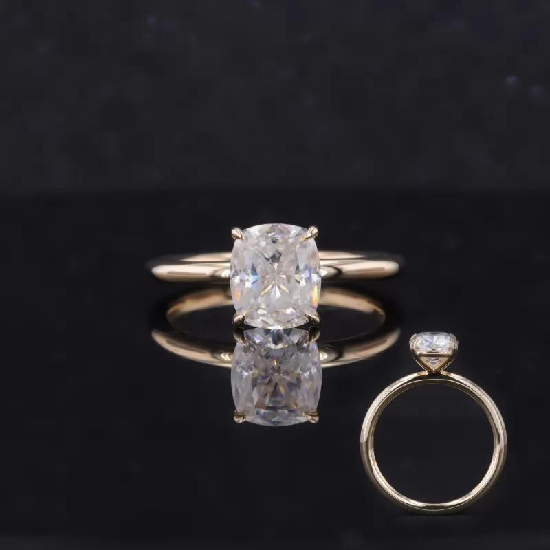 6.5×7.5mm Cushion Shape Crushed Ice Cut Moissanite 10K Yellow Gold Solitaire Engagement Ring
