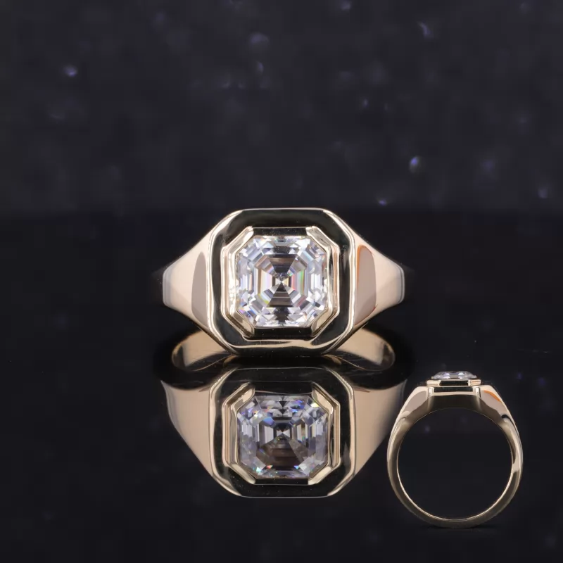 6.5×6.5mm Asscher Cut Moissanite Bezel Set 9K Yellow Gold Solitaire Engagement Men Ring