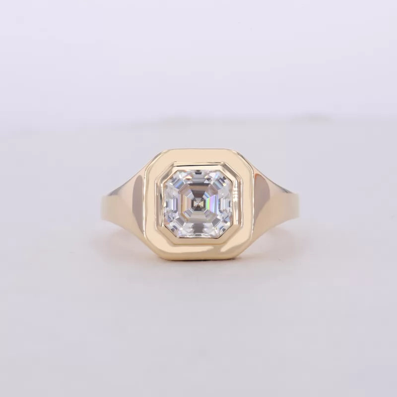 6.5×6.5mm Asscher Cut Moissanite Bezel Set 9K Yellow Gold Solitaire Engagement Men Ring