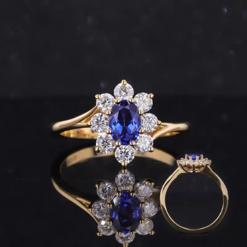 5×7mm Oval Cut Lab Grown Sapphire 18K Gold Halo Engagement Ring