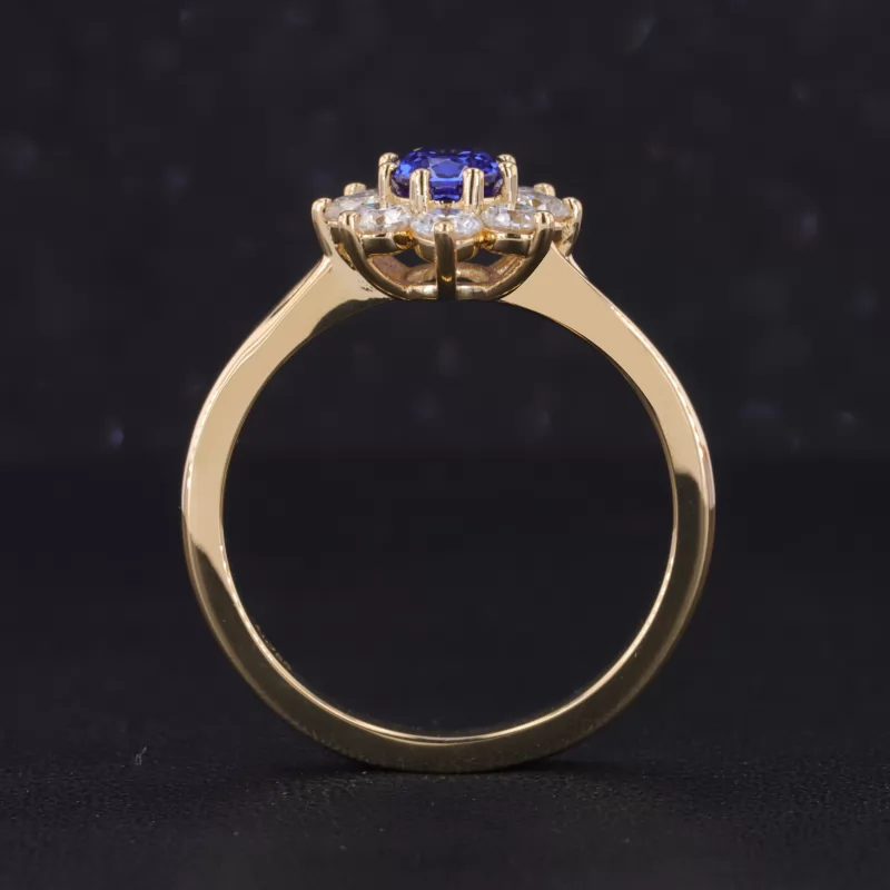 5×7mm Oval Cut Lab Grown Sapphire 18K Yellow Gold Halo Engagement Ring