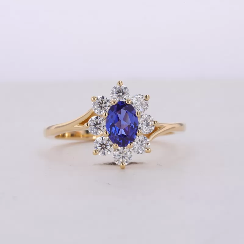 5×7mm Oval Cut Lab Grown Sapphire 18K Yellow Gold Halo Engagement Ring