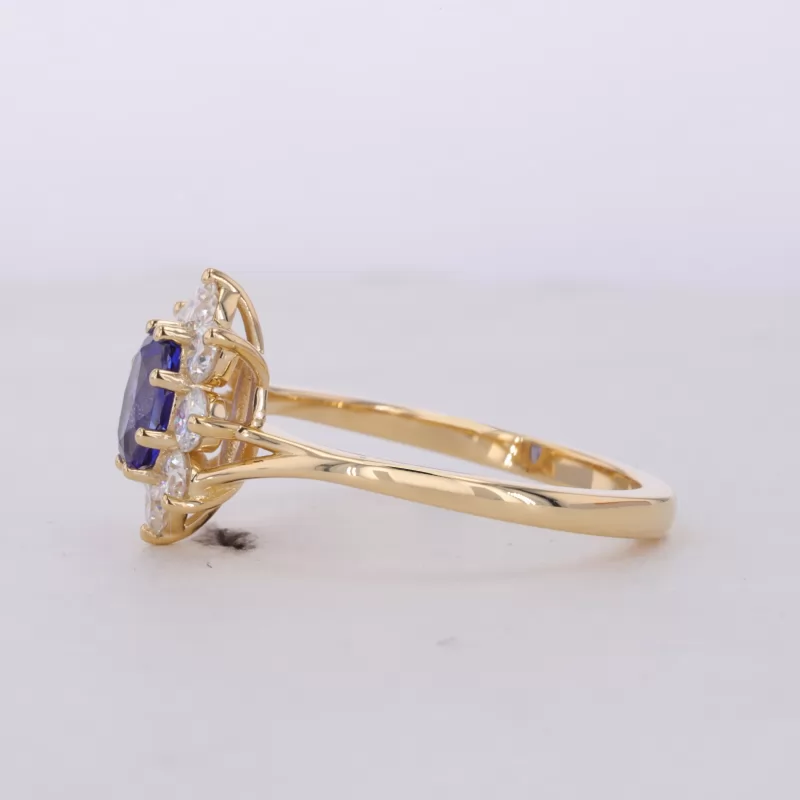 5×7mm Oval Cut Lab Grown Sapphire 18K Yellow Gold Halo Engagement Ring