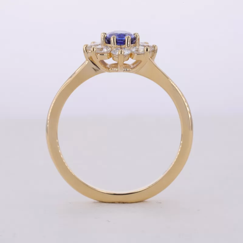 5×7mm Oval Cut Lab Grown Sapphire 18K Yellow Gold Halo Engagement Ring