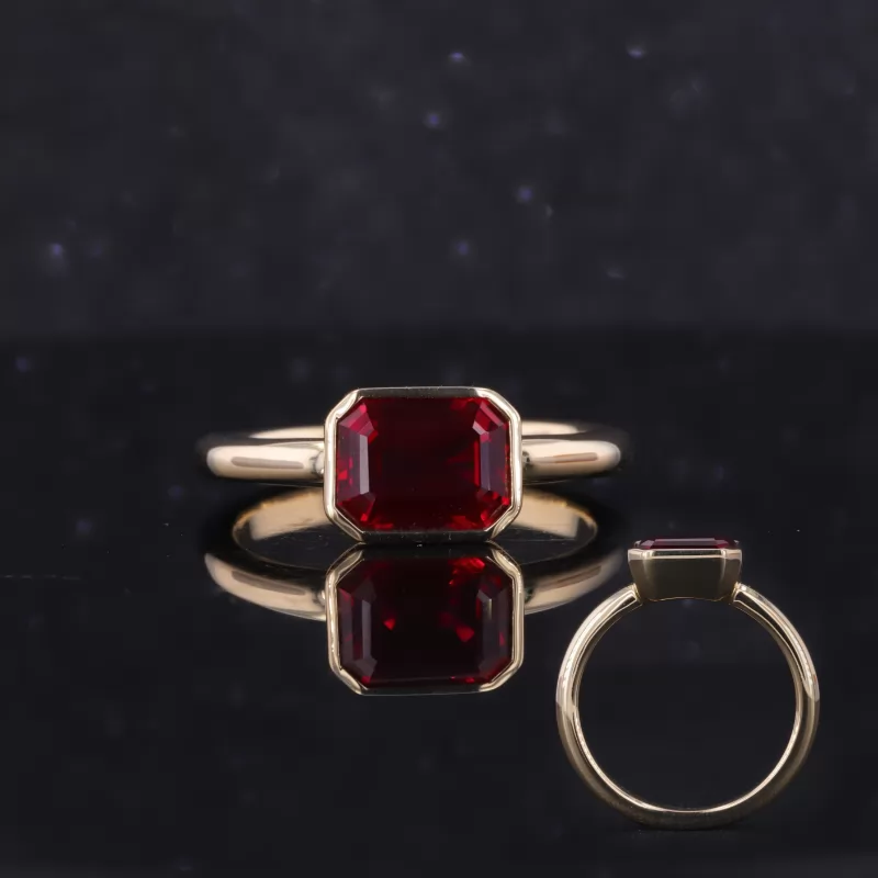 6×8mm Octagon Emerald Cut Lab Grown Ruby Bezel Set 10K Gold Solitaire Engagement Ring