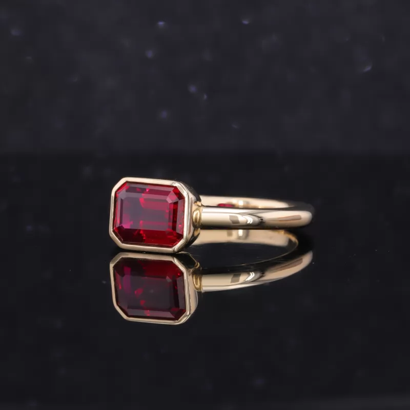 6×8mm Octagon Emerald Cut Lab Grown Ruby Bezel Set 10K Yellow Gold Solitaire Engagement Ring
