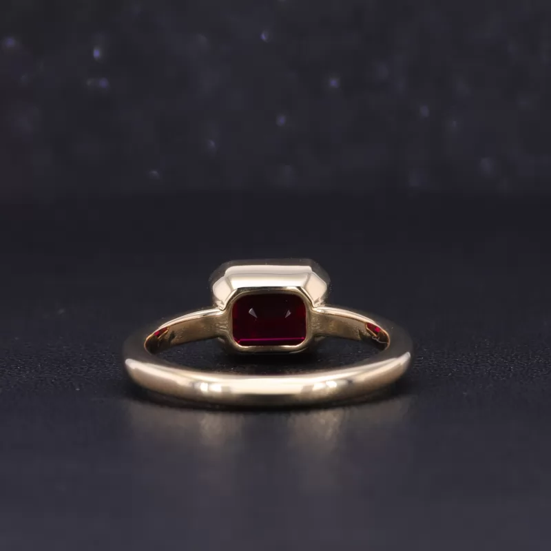 6×8mm Octagon Emerald Cut Lab Grown Ruby Bezel Set 10K Yellow Gold Solitaire Engagement Ring