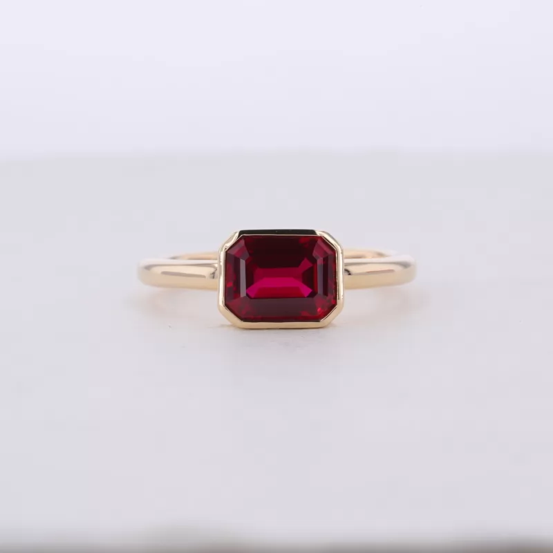 6×8mm Octagon Emerald Cut Lab Grown Ruby Bezel Set 10K Yellow Gold Solitaire Engagement Ring