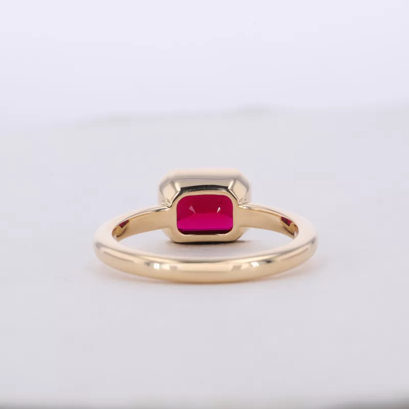 6×8mm Octagon Emerald Cut Lab Grown Ruby Bezel Set 10K Yellow Gold Solitaire Engagement Ring