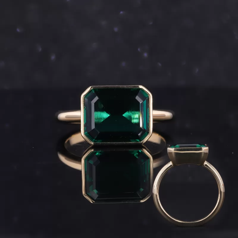 9×11mm Octagon Emerald Cut Lab Grown Emerald Bezel Set 10K Gold Solitaire Engagement Ring