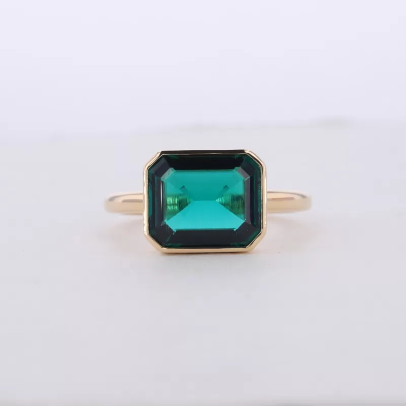 9×11mm Octagon Emerald Cut Lab Grown Emerald Bezel Set 10K Yellow Gold Solitaire Engagement Ring