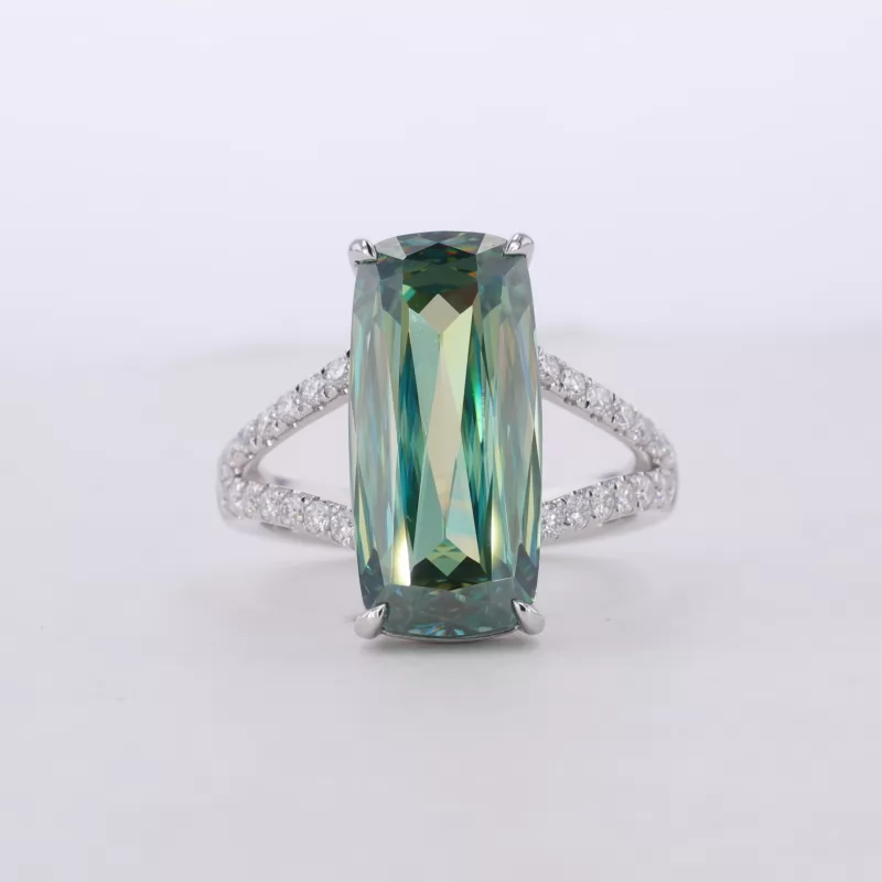 8.5×18mm Long Cushion Cut Green Moissanite 10K White Gold Pave Engagement Ring