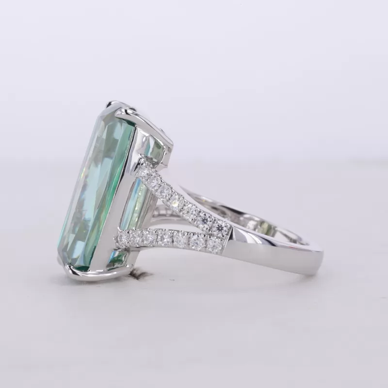 8.5×18mm Long Cushion Cut Green Moissanite 10K White Gold Pave Engagement Ring