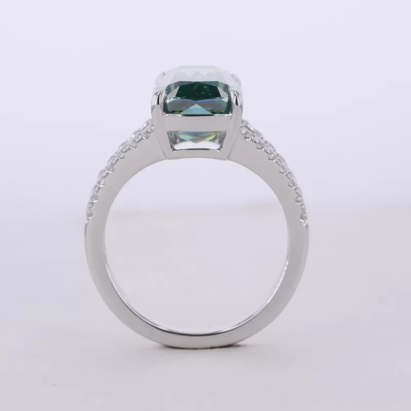 8.5×18mm Long Cushion Cut Green Moissanite 10K White Gold Pave Engagement Ring