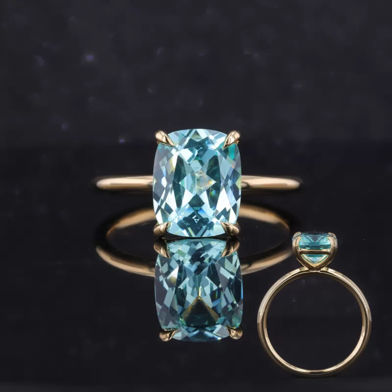 9×11mm Cushion Cut Lab Grown Paraiba Sapphire 18K Yellow Gold Solitaire Engagement Ring