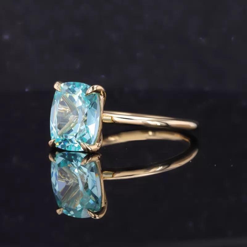 9×11mm Cushion Cut Lab Grown Paraiba Sapphire 18K Yellow Gold Solitaire Engagement Ring