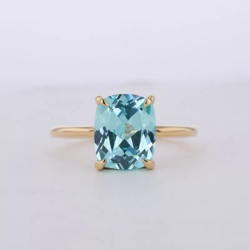 9×11mm Cushion Cut Lab Grown Paraiba Sapphire 18K Yellow Gold Solitaire Engagement Ring