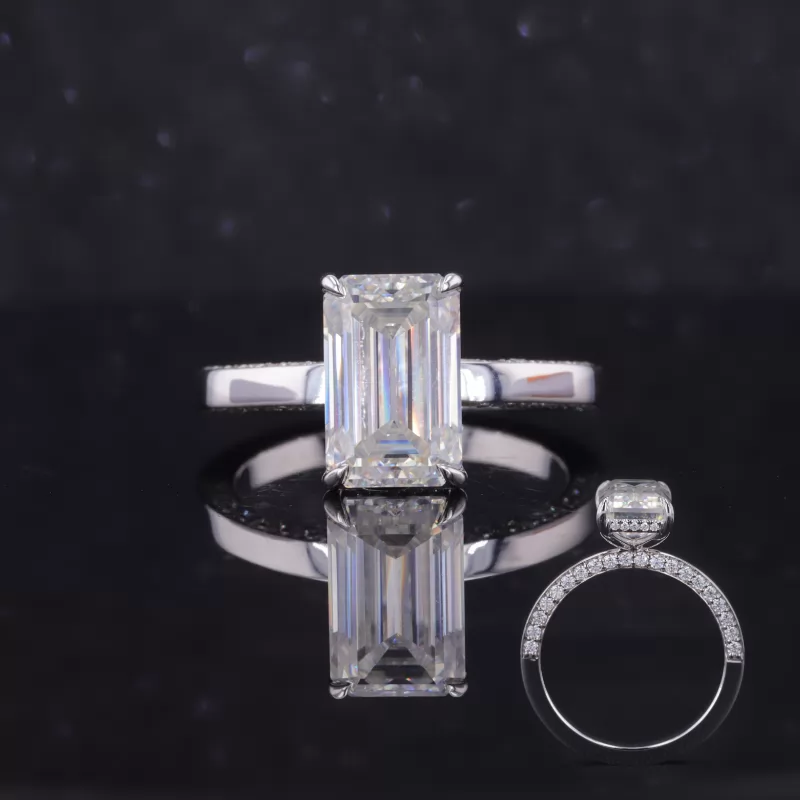 10.5×6.75mm Octagon Emerald Cut Moissanite 14K White Gold Pave Engagement Ring