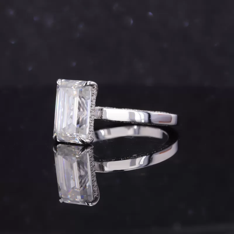 10.5×6.75mm Octagon Emerald Cut Moissanite 14K White Gold Pave Engagement Ring