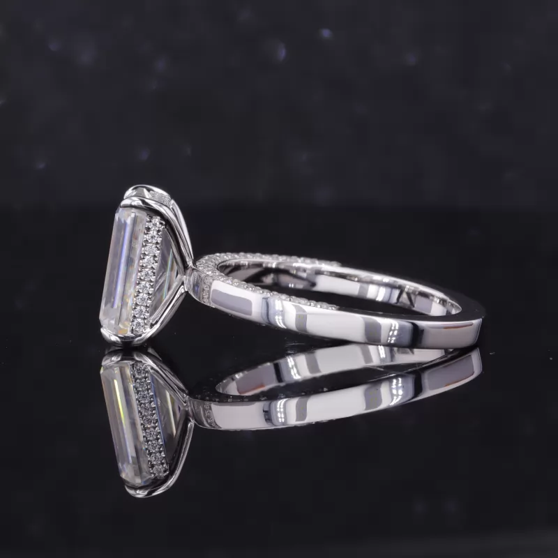 10.5×6.75mm Octagon Emerald Cut Moissanite 14K White Gold Pave Engagement Ring