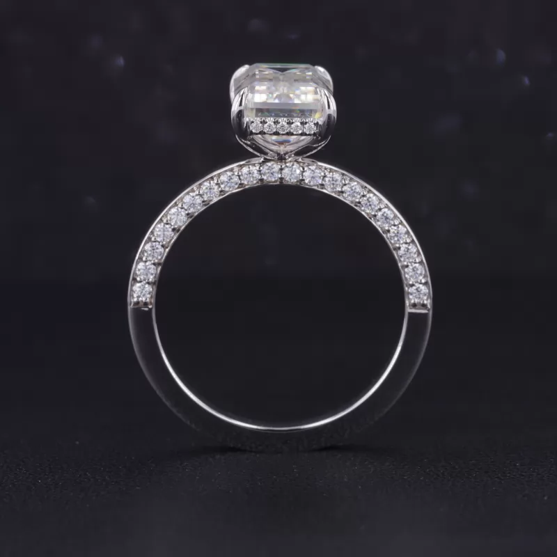 10.5×6.75mm Octagon Emerald Cut Moissanite 14K White Gold Pave Engagement Ring