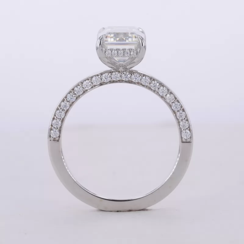10.5×6.75mm Octagon Emerald Cut Moissanite 14K White Gold Pave Engagement Ring