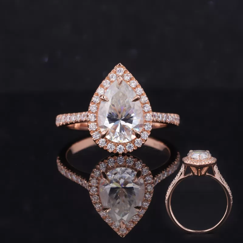 7×10mm Pear Cut Moissanite 14K Rose Gold Halo Engagement Ring