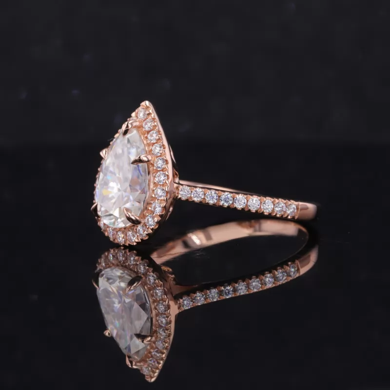 7×10mm Pear Cut Moissanite 14K Rose Gold Halo Engagement Ring