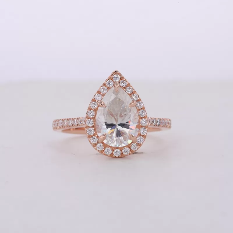 7×10mm Pear Cut Moissanite 14K Rose Gold Halo Engagement Ring