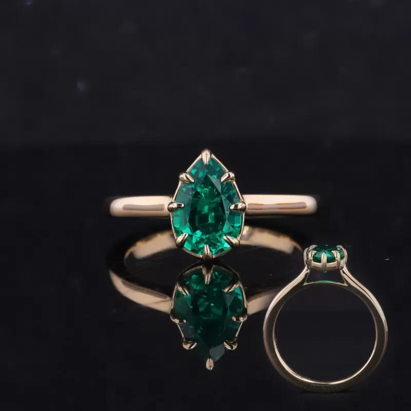 6×9mm Pear Cut Lab Grown Emerald 8 Prongs 10K Yellow Gold Solitaire Engagement Ring