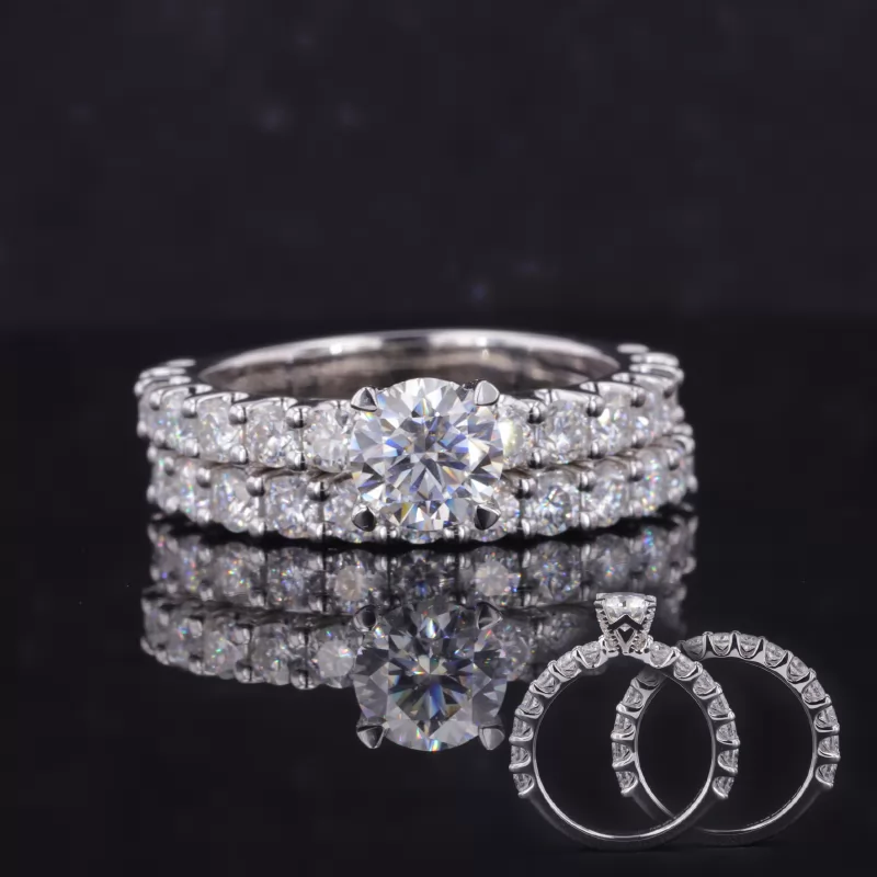 6.5mm Round Brilliant Cut Moissanite S925 Sterling Silver Pave Engagement Ring Set