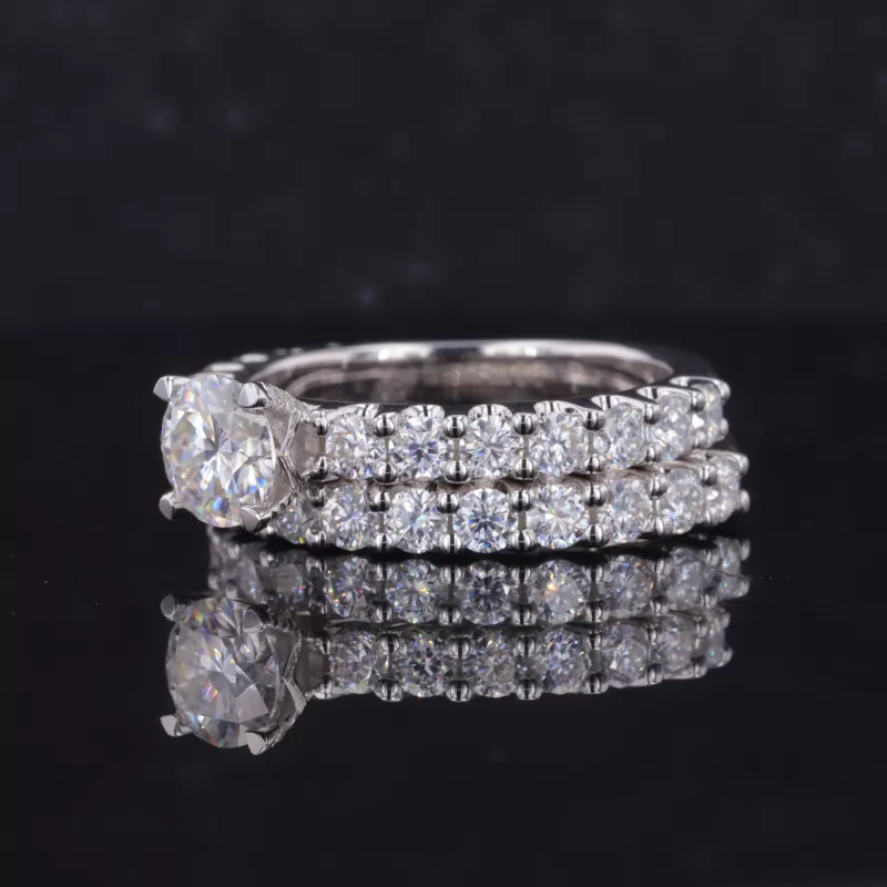 6.5mm Round Brilliant Cut Moissanite S925 Sterling Silver Pave Engagement Ring Set