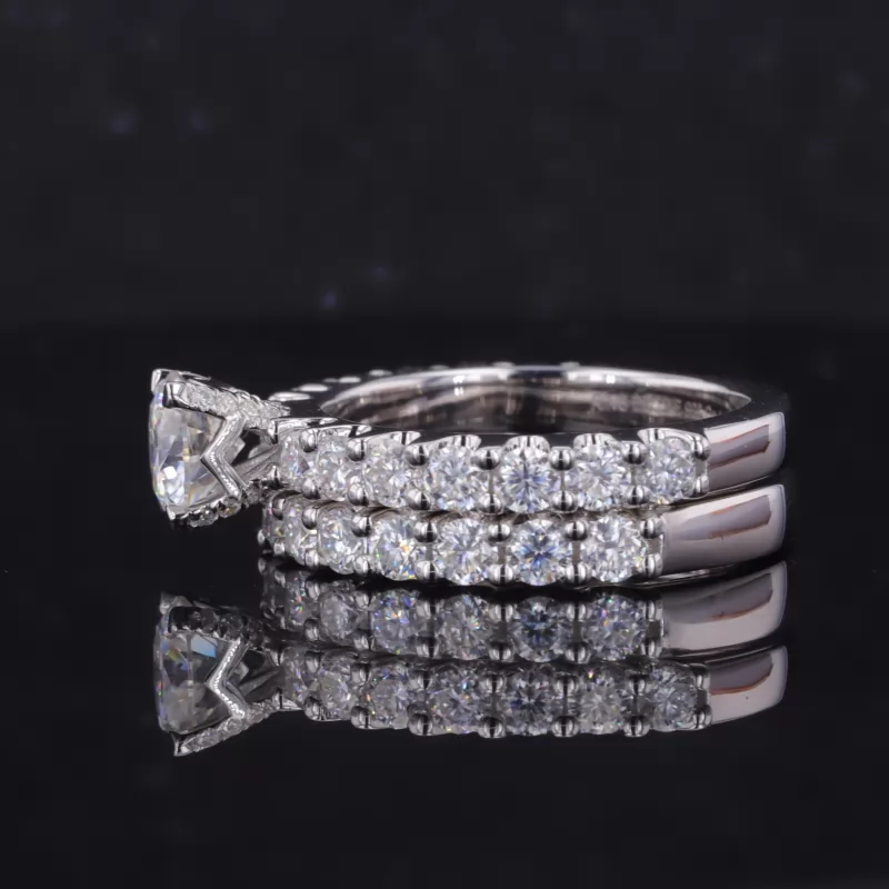 6.5mm Round Brilliant Cut Moissanite S925 Sterling Silver Pave Engagement Ring Set