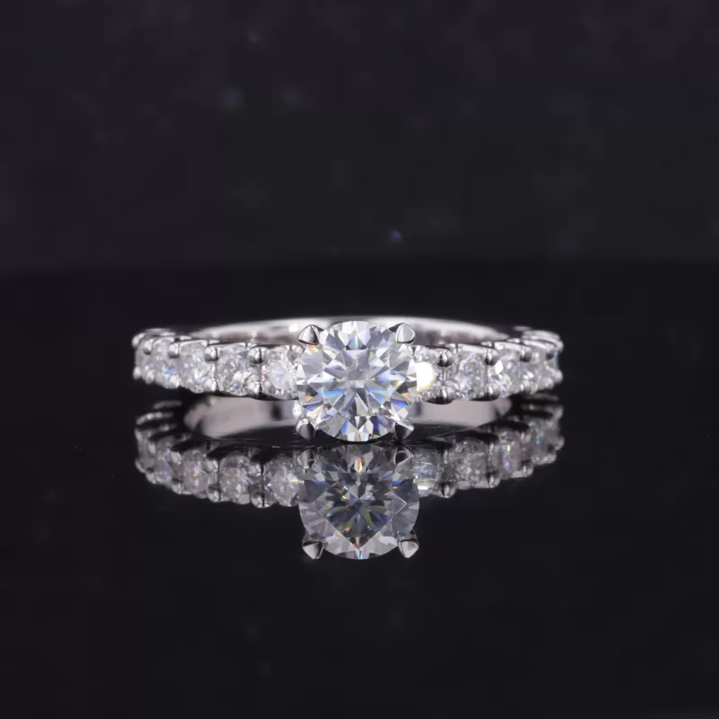 6.5mm Round Brilliant Cut Moissanite S925 Sterling Silver Pave Engagement Ring Set