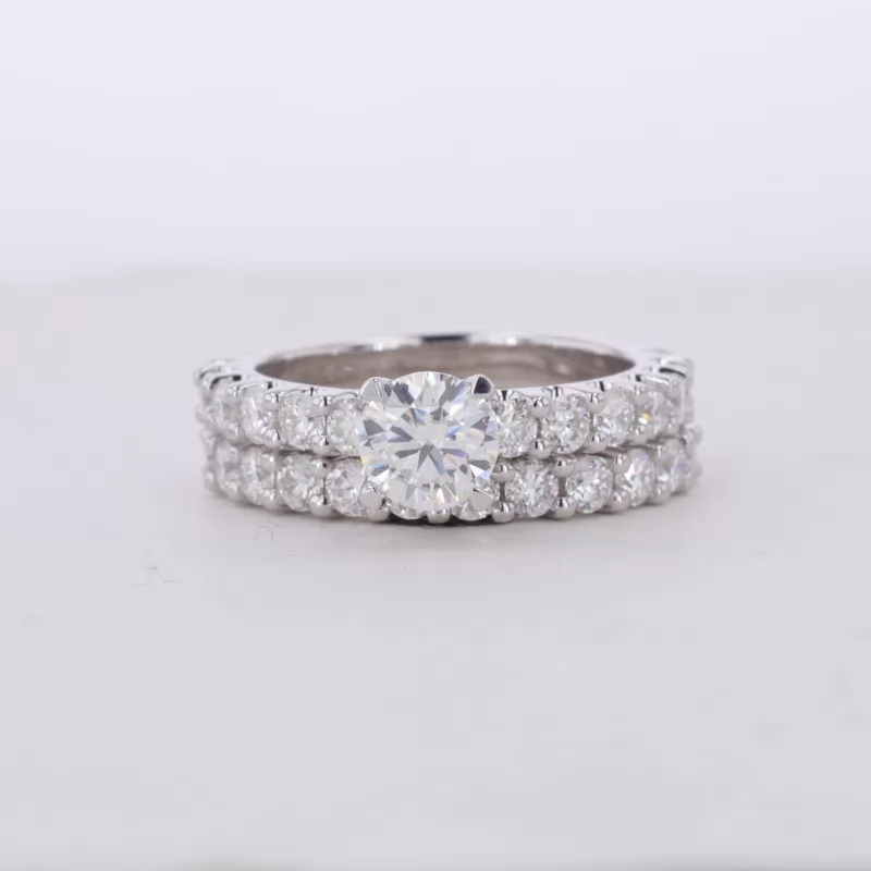 6.5mm Round Brilliant Cut Moissanite S925 Sterling Silver Pave Engagement Ring Set