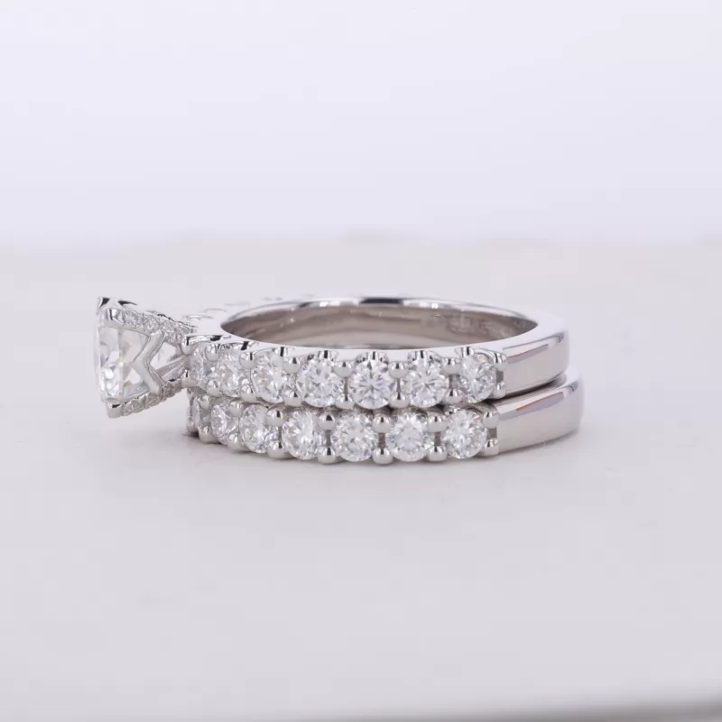 6.5mm Round Brilliant Cut Moissanite S925 Sterling Silver Pave Engagement Ring Set