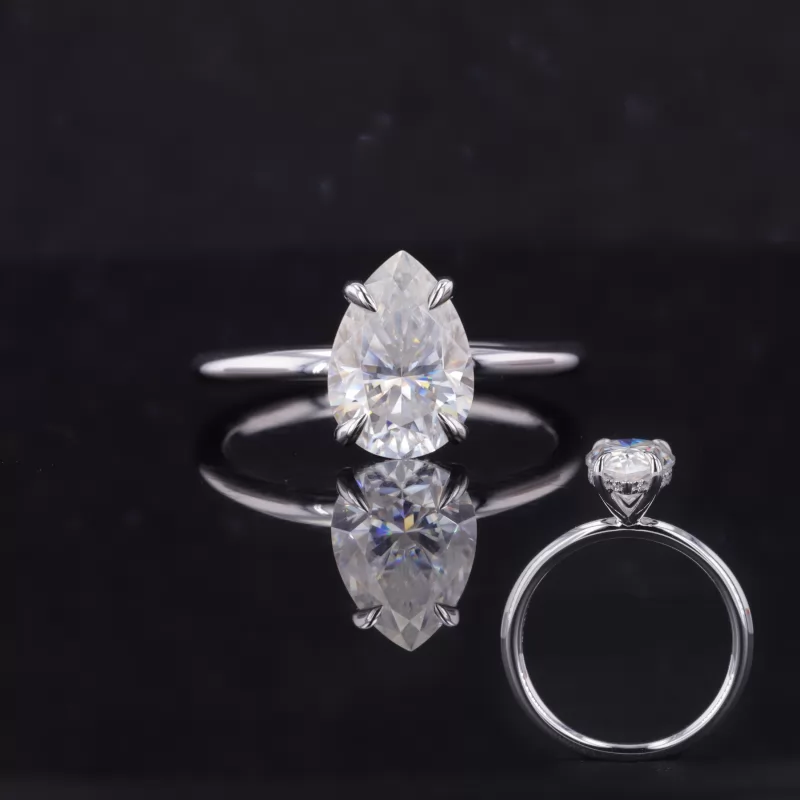 7×10mm Pear Cut Moissanite 4 Prongs 14K White Gold Solitaire Engagement Ring