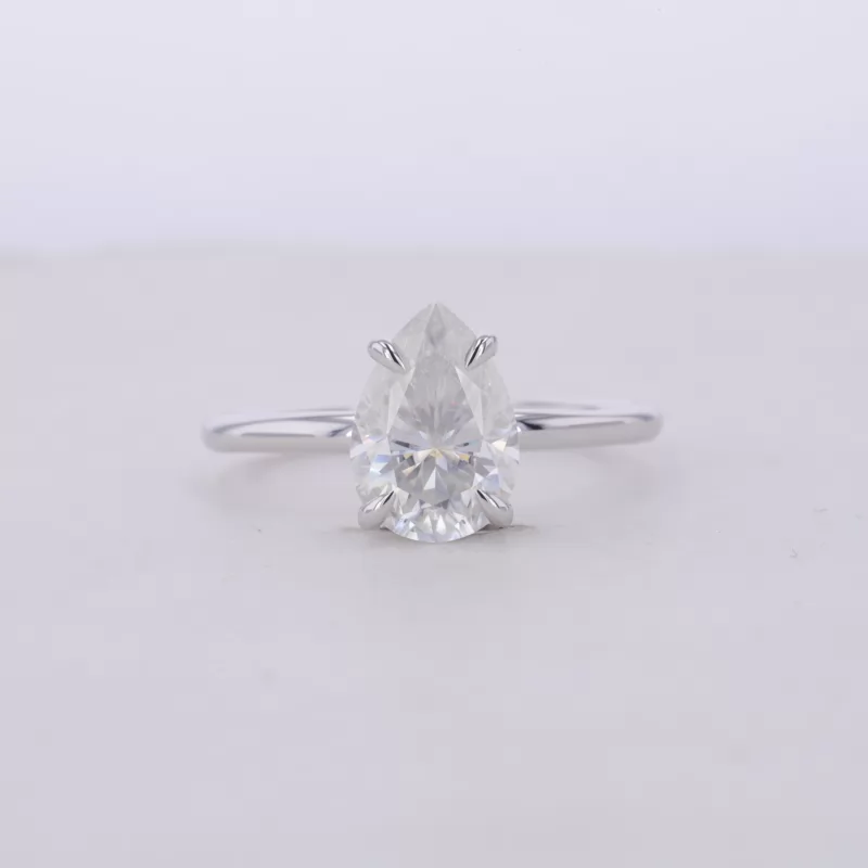 7×10mm Pear Cut Moissanite 4 Prongs 14K White Gold Solitaire Engagement Ring