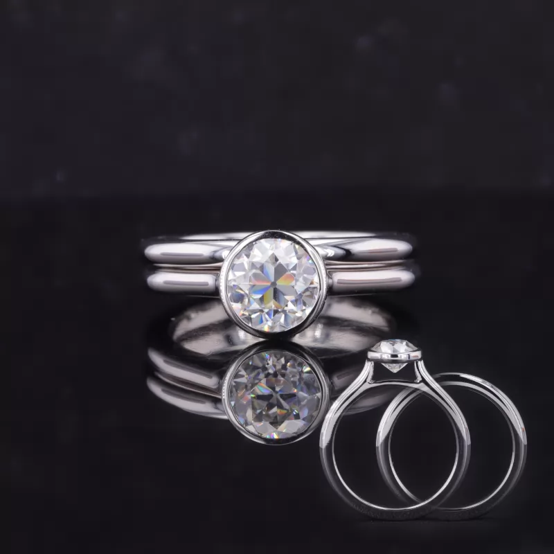 6.5mm Round Brilliant Cut Moissanite Bezel Set 14K White Gold Solitaire Engagement Ring Set