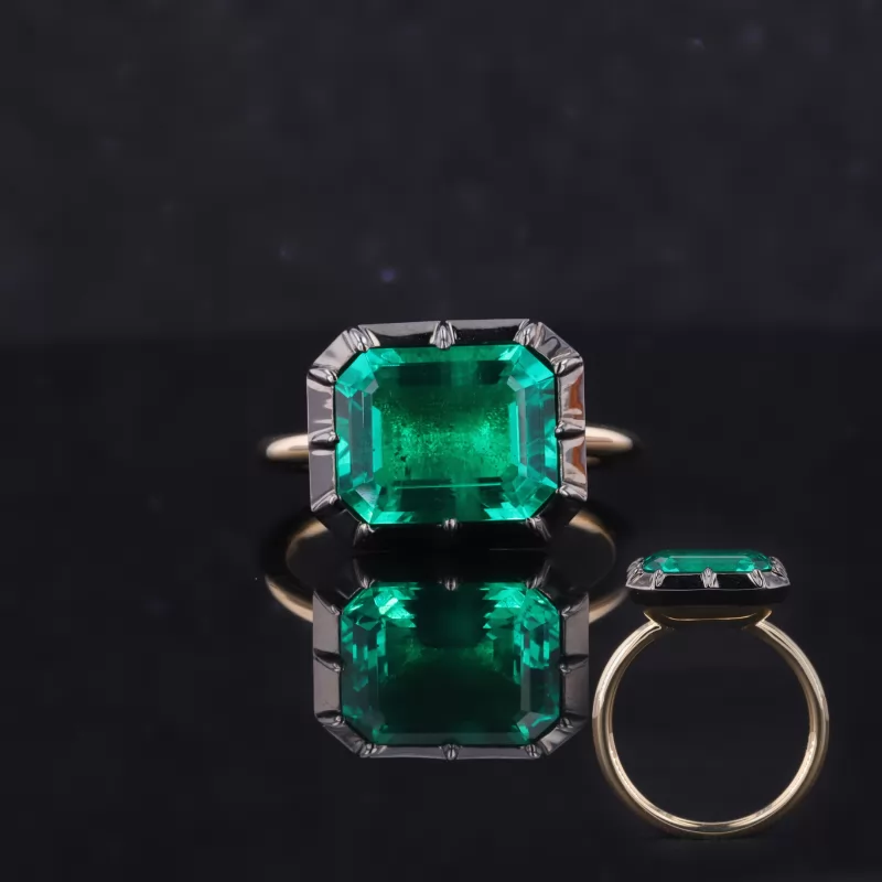 8×10mm Octagon Emerald Cut Lab Grown Emerald Bezel Set 14K Gold Solitaire Engagement Ring