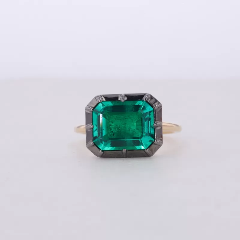 8×10mm Octagon Emerald Cut Lab Grown Emerald Bezel Set 14K Yellow Gold Solitaire Engagement Ring