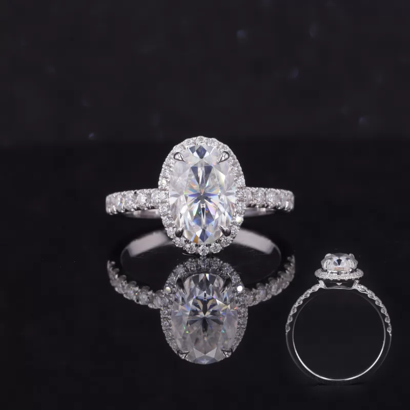 6×9mm Oval Cut Moissanite 18K White Gold Halo Engagement Ring