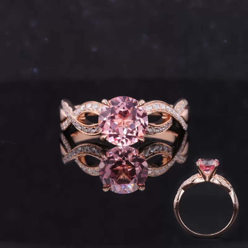 8mm Round Brilliant Cut Lab Grown Sukura Pink Sapphire With Winding Band 14K Rose Gold Channel Set Engagement Ring