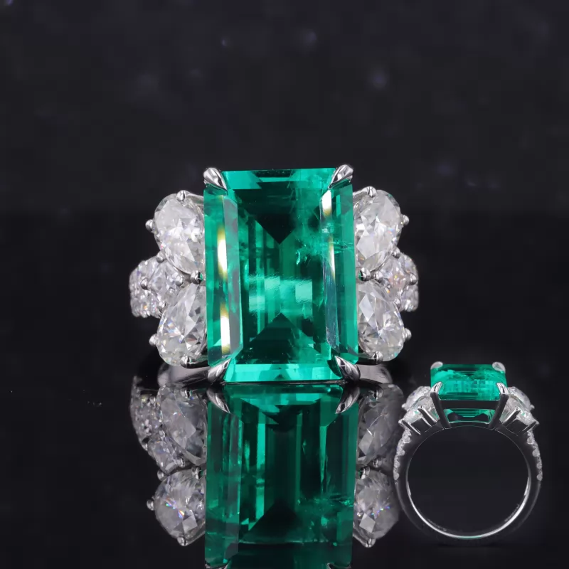 10×14mm Octagon Emerald Cut Lab Grown Emerald With Side Moissanite 14K White Gold Engagement Ring