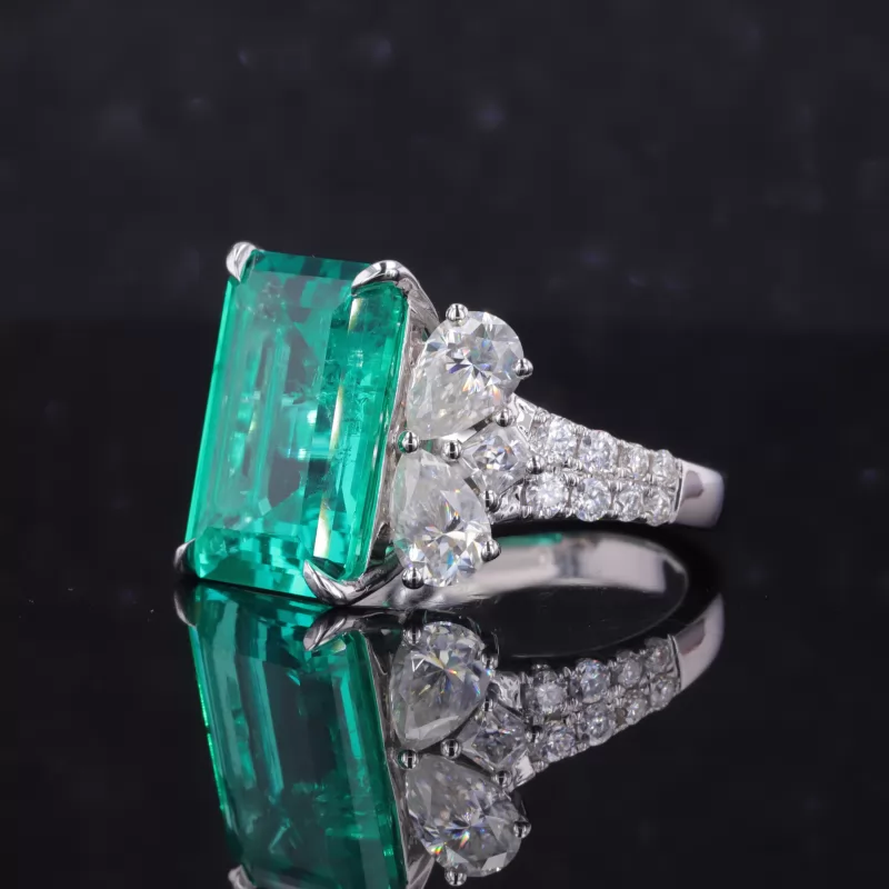 10×14mm Octagon Emerald Cut Lab Grown Emerald With Side Moissanite 14K White Gold Engagement Ring