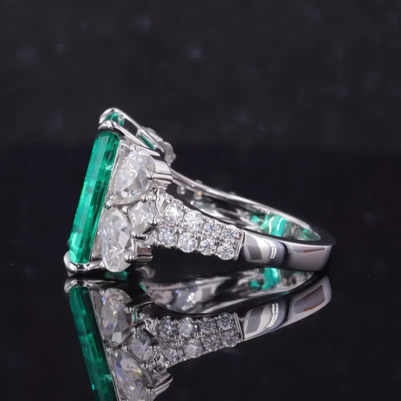 10×14mm Octagon Emerald Cut Lab Grown Emerald With Side Moissanite 14K White Gold Engagement Ring