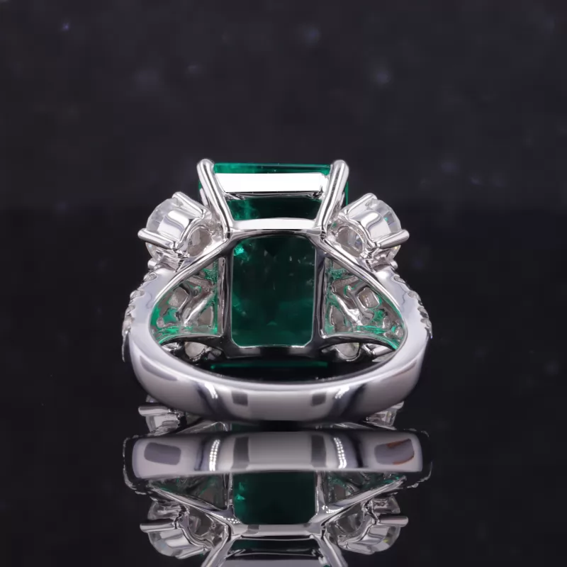 10×14mm Octagon Emerald Cut Lab Grown Emerald With Side Moissanite 14K White Gold Engagement Ring