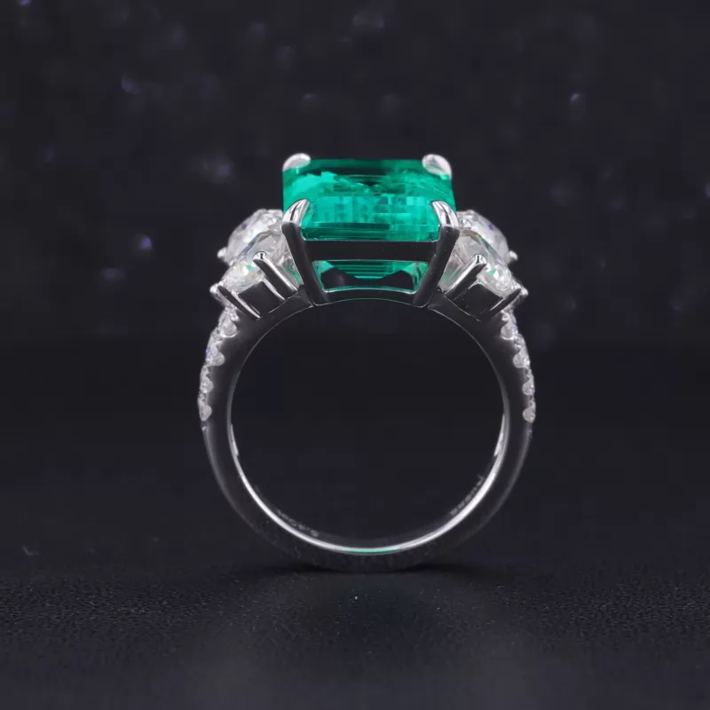 10×14mm Octagon Emerald Cut Lab Grown Emerald With Side Moissanite 14K White Gold Engagement Ring